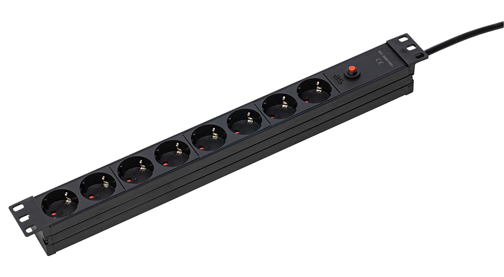 Schwabe Kunststof Stekkerdoos 19" Rack 8x randaarde met beveliging kabel H05VV-F 3G1,5 zwart 3m