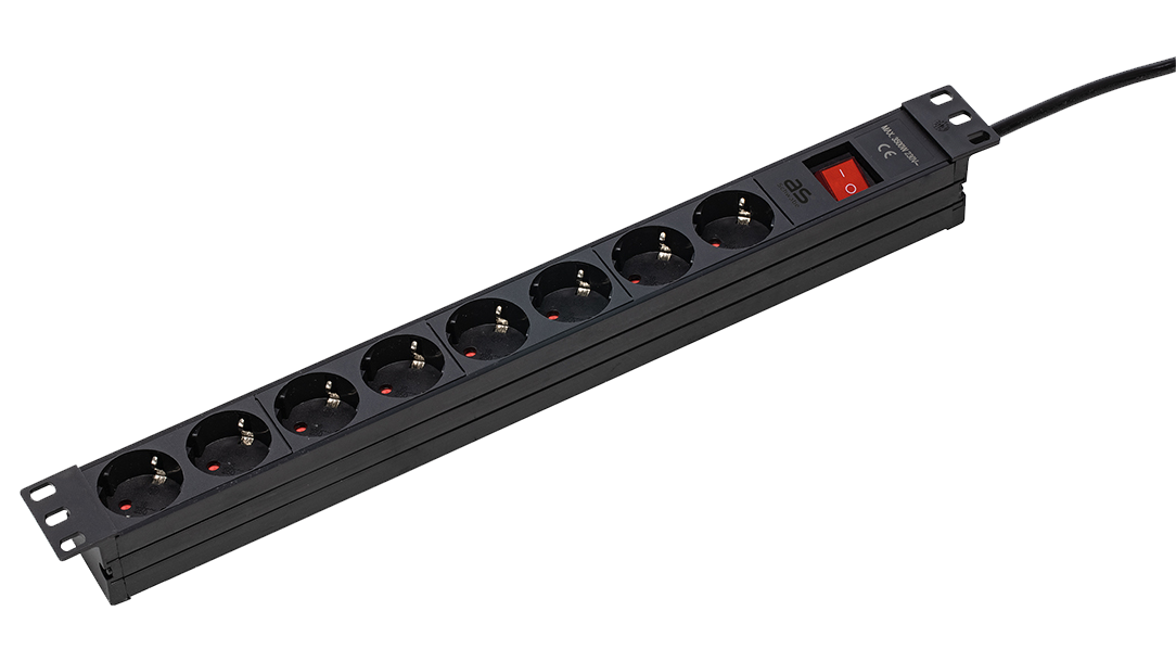 Schwabe Kunststof Stekkerdoos 19" Rack 8x randaarde met schakelaar en kabel H05VV-F 3G1,5 zwart 3m