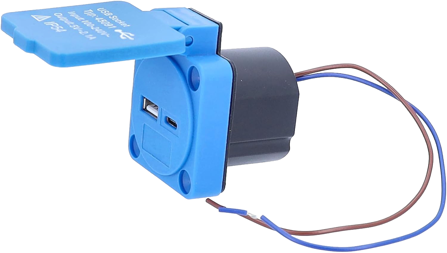 Schwabe Contactdoos USB blauw 1xUSB-A + 1xUSB-C 5V 2.1A DC scharnierend deksel IP54