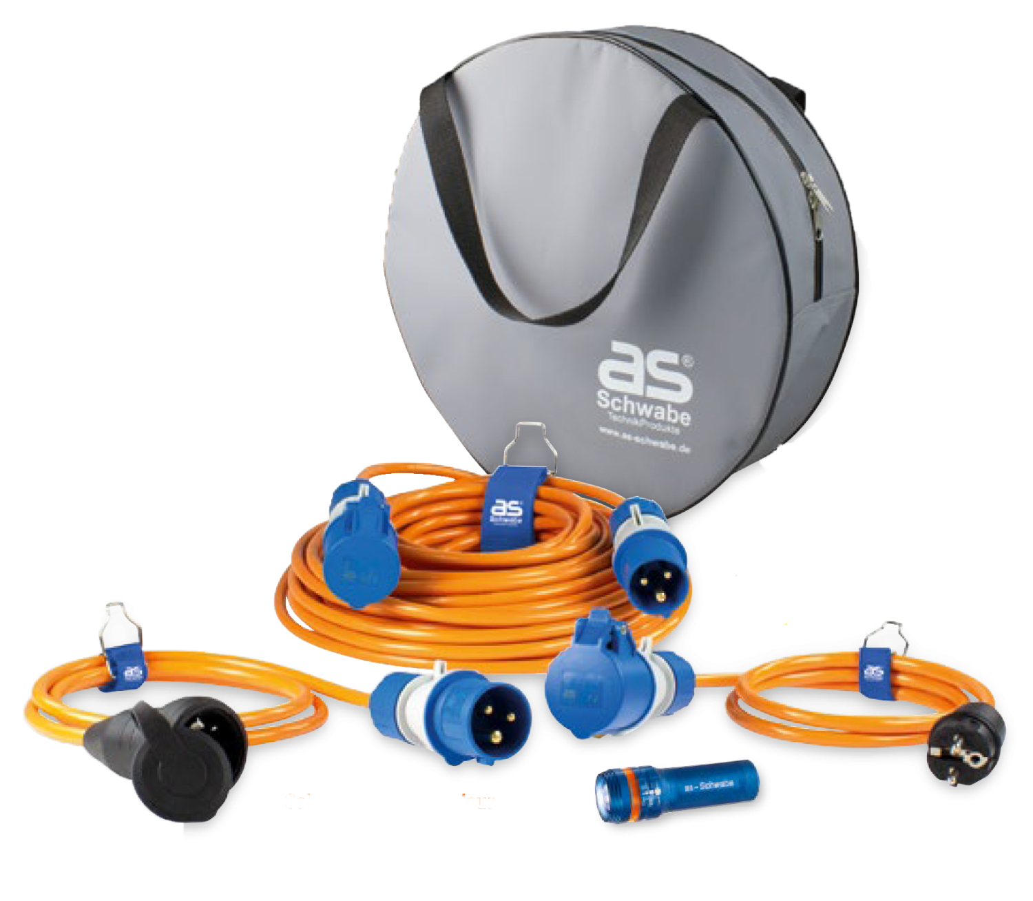Schwabe Camping Set: Powerlight Verlengkabel H07BQ-F 3G2.5 25m + verloopkabels + zaklamp