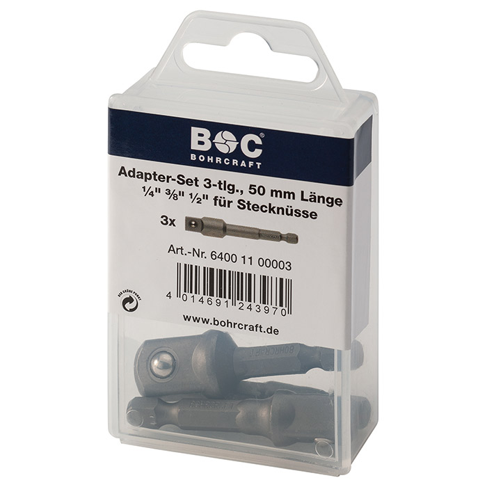 BC 1/4" Adapterset tbv zeskantdoppen A3  1/4"/3/8"/1/2" x 50mm, 3-delig