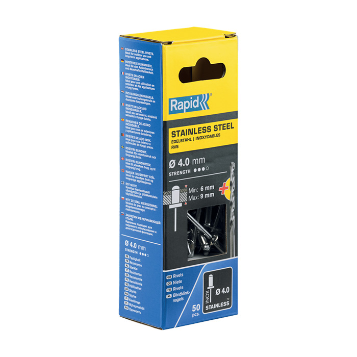 Rapid RVS Blindklinknagels Ø 4,0 x 12mm + boor in blister (50 stuks)