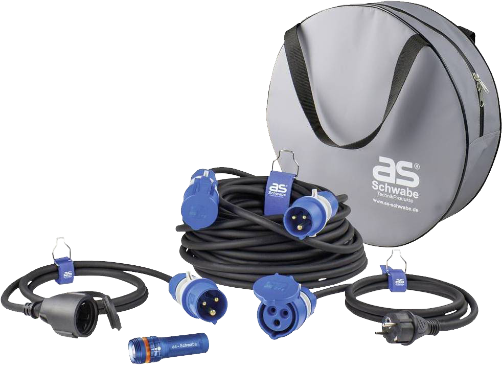 Schwabe Camping Set: Powerlight Verlengkabel H07RN-F 3G2.5 25m + verloopkabels + zaklamp