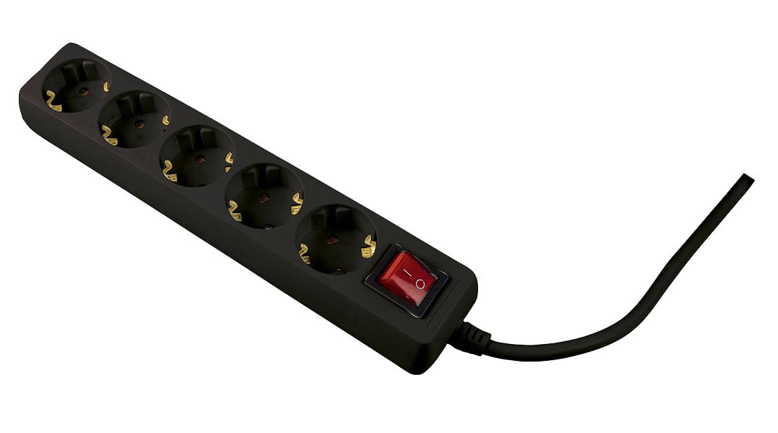 Schwabe Stekkerdoos 5x randaarde met schakelaar + platte stekker kabel H05VV-F 3G1,5 zwart 2m