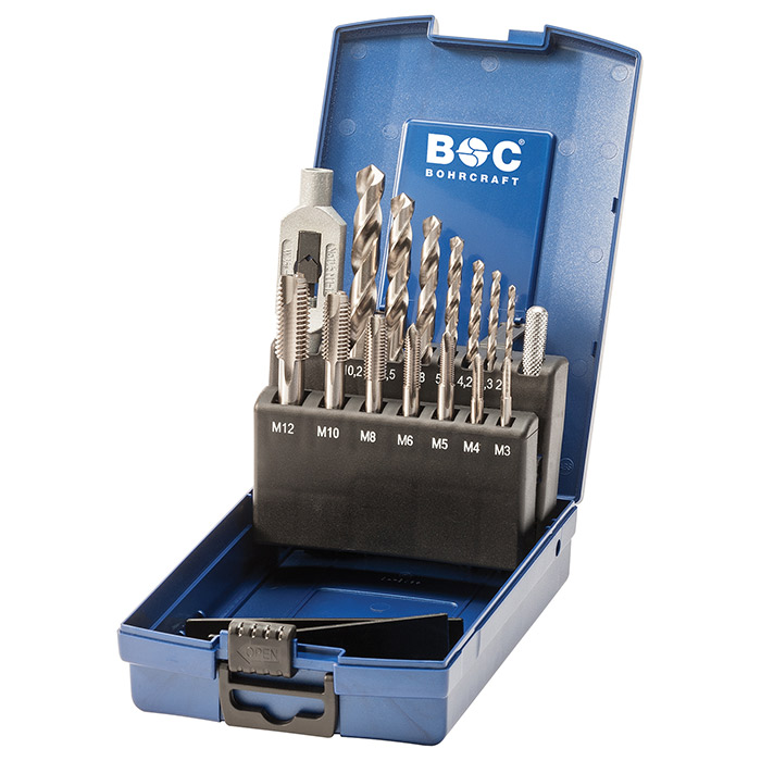 BC Machinetappenset kort HSS-G EGB15-K M3-M12 + boren, 15-delig