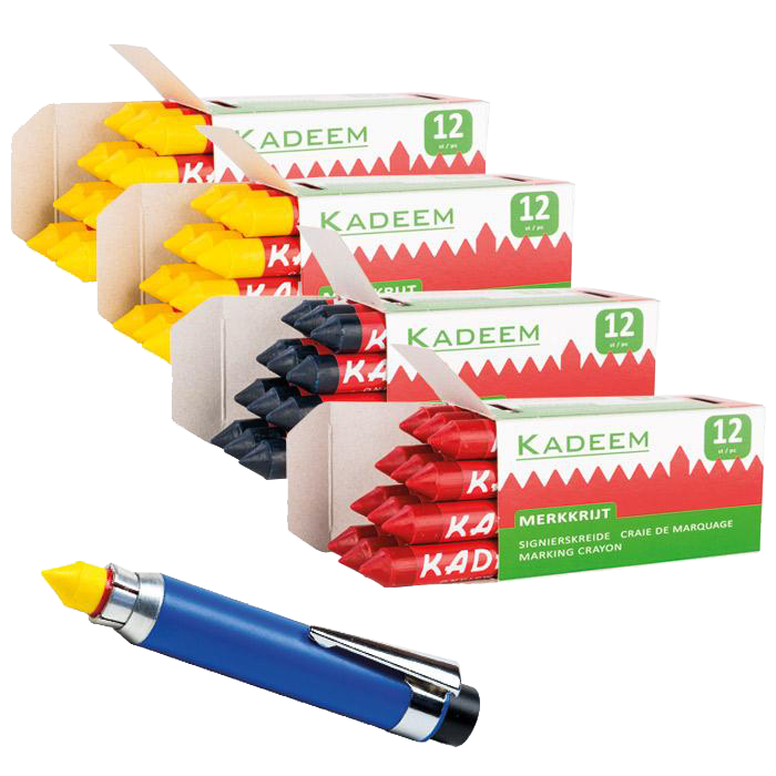 Kadeem Merkkrijtset à 4 dozen met 12 stuks Geel/Rood/Blauw incl. houder