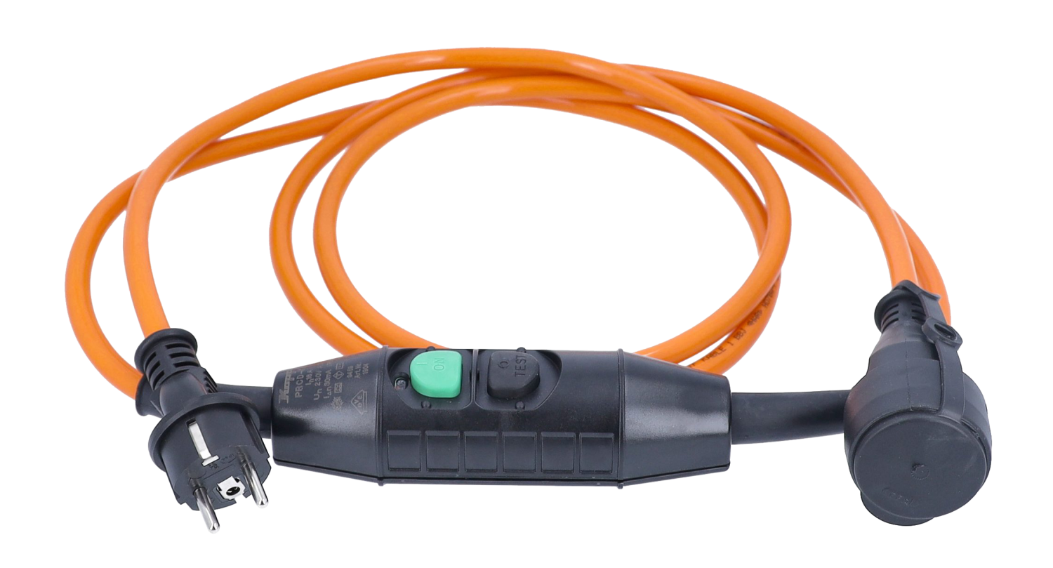 Schwabe PRCD-K Aardlekschakelaar met Verlengkabel PUR 230V/16A IP44 H07BQ-F 3G2.5 oranje 2x1.5m